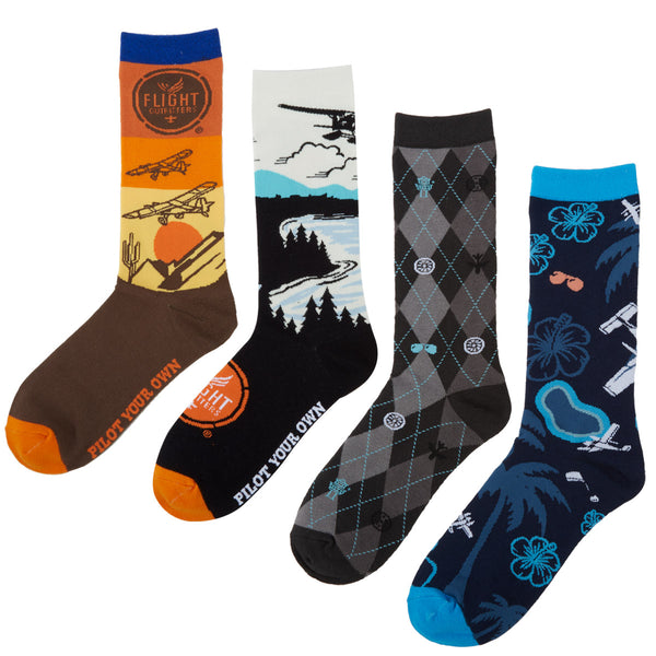 Flight Outfitters Pilot Socks in four styles: High Desert, Island Hopping, Lakeside, and Sky Strider, showcasing aviation-themed designs