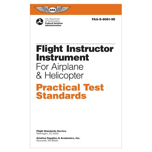 Front cover of ASA Practical Test Standards: CFI - Instrument (ASA-8081-9E), showing guidelines for CFI-Instrument practical tests for airplane and helicopter