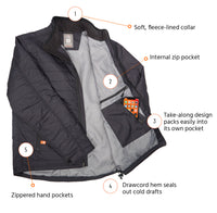 Close-up of the internal left zip pocket of the Flight Outfitters Airfoil Jacket for secure storage.