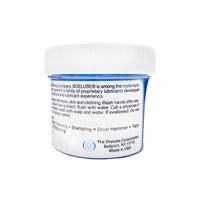 Boelube Multi Use Medium Blue High Performance Machining Paste 2 oz jar back view with product details - P/N 70307