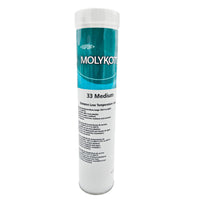 MOLYKOTE® 33 Medium Extreme Low Temperature Grease, 14.1oz cartridge, silicone grease for refrigeration, bearings, and precision instruments, front of the tube