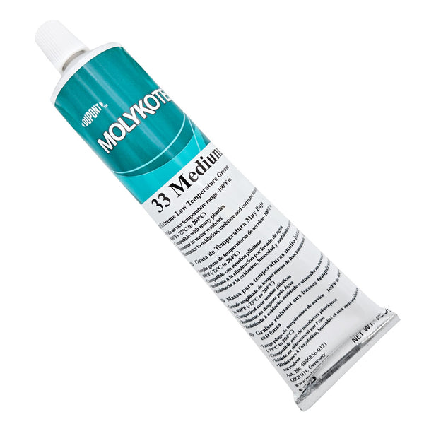 MOLYKOTE® 33 Medium Extreme Low Temperature Grease, 5.3oz tube,  silicone-based lubricant for plastics and bearings, out of the box front of tube