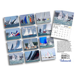 Sailing to the Mark 2025 Calendar open with layout and thumbnail previews of competitive sailing images