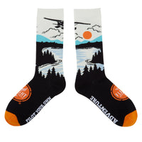 Flight Outfitters Lakeside Socks featuring seaplane flying over lake