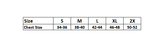 Size chart of the Flight Outfitters Airfoil Jacket detailing measurements for all available sizes.