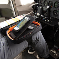 Side view of the kneeboard with the adjustable bracket, showing how it tilts the iPad to minimize screen glare during flight.