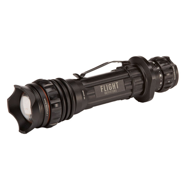 Front view of the Flight Outfitters Bush Pilot Flashlight, highlighting its sleek design and lens.