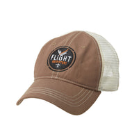 Side view of the Flight Outfitters Brown Trucker Hat, highlighting its durable fabric and snapback closure.