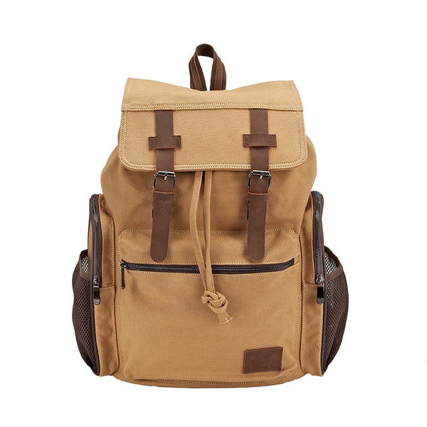 Front view of the Flight Outfitters Bush Pilot Rucksack, showcasing its canvas and leather design.