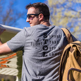 Man wearing Flight Outfitters 'Fly It Like You STOL It' T-Shirt standing at aircraft with back turned