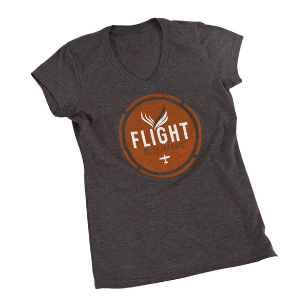 Front view of the Flight Outfitters Women's Vintage V-Neck T-Shirt, showcasing the classic distressed logo and flattering design.