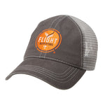 Side view of the Flight Outfitters Grey Trucker Hat, showcasing its classic logo and lightweight design.