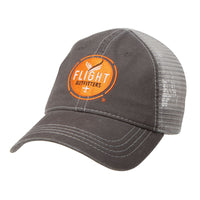 Side view of the Flight Outfitters Grey Trucker Hat, showcasing its classic logo and lightweight design.