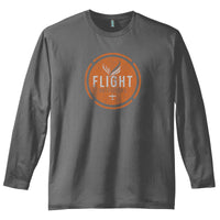 Front view of the Flight Outfitters Retro Logo Long Sleeve T-Shirt, showcasing its grey color and distressed logo design.