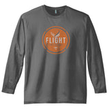 Front view of the Flight Outfitters Retro Logo Long Sleeve T-Shirt, showcasing its grey color and distressed logo design.